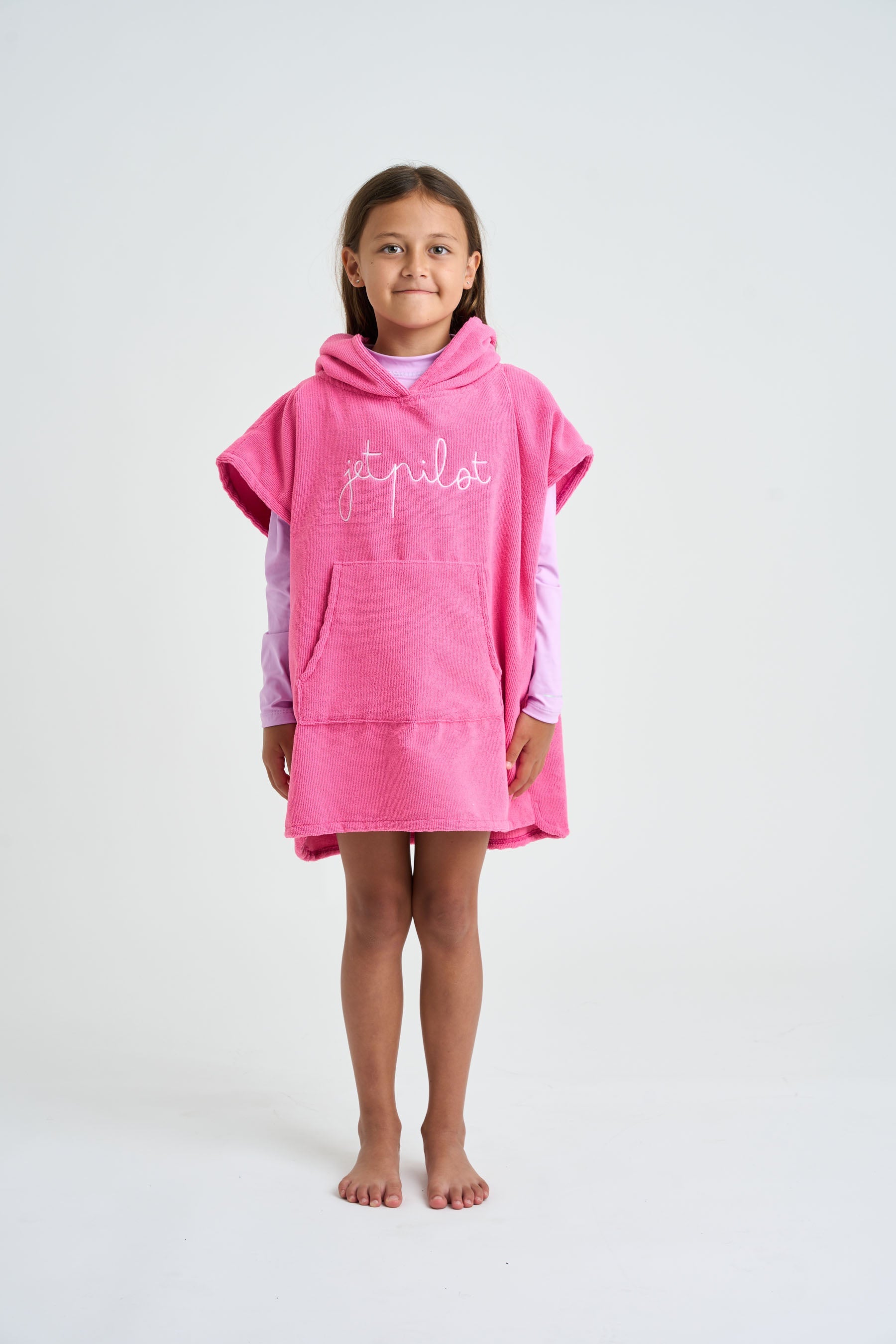Pink Jetpilot Kids Hooded Towel - On Body Front