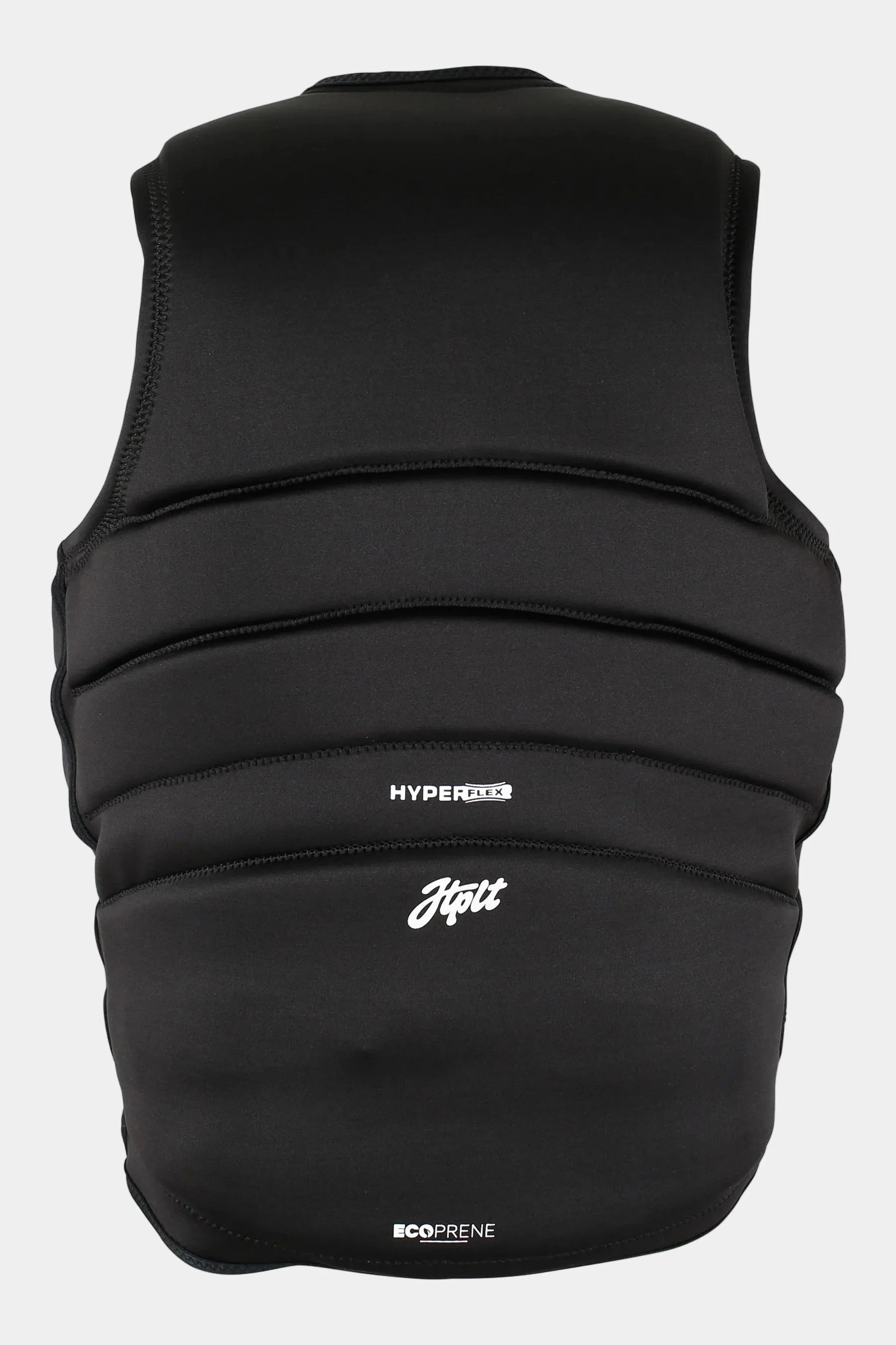 Black protective vest with branding on a white background