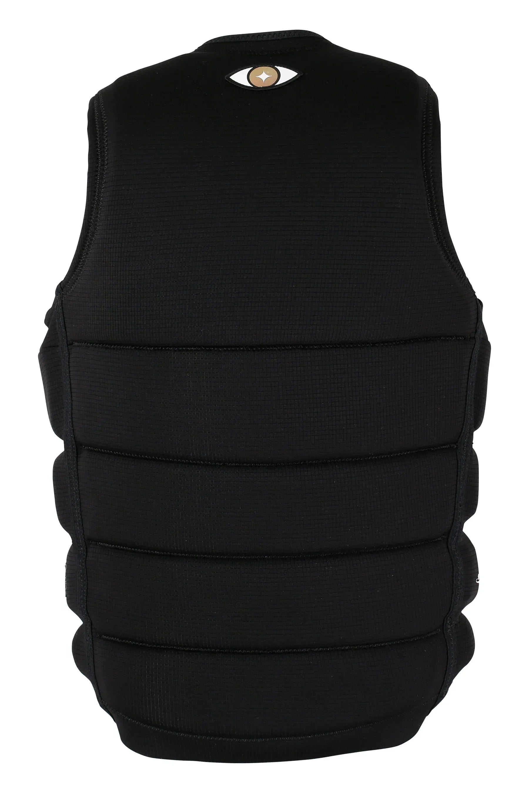 Black protective vest with a badge button on a white background