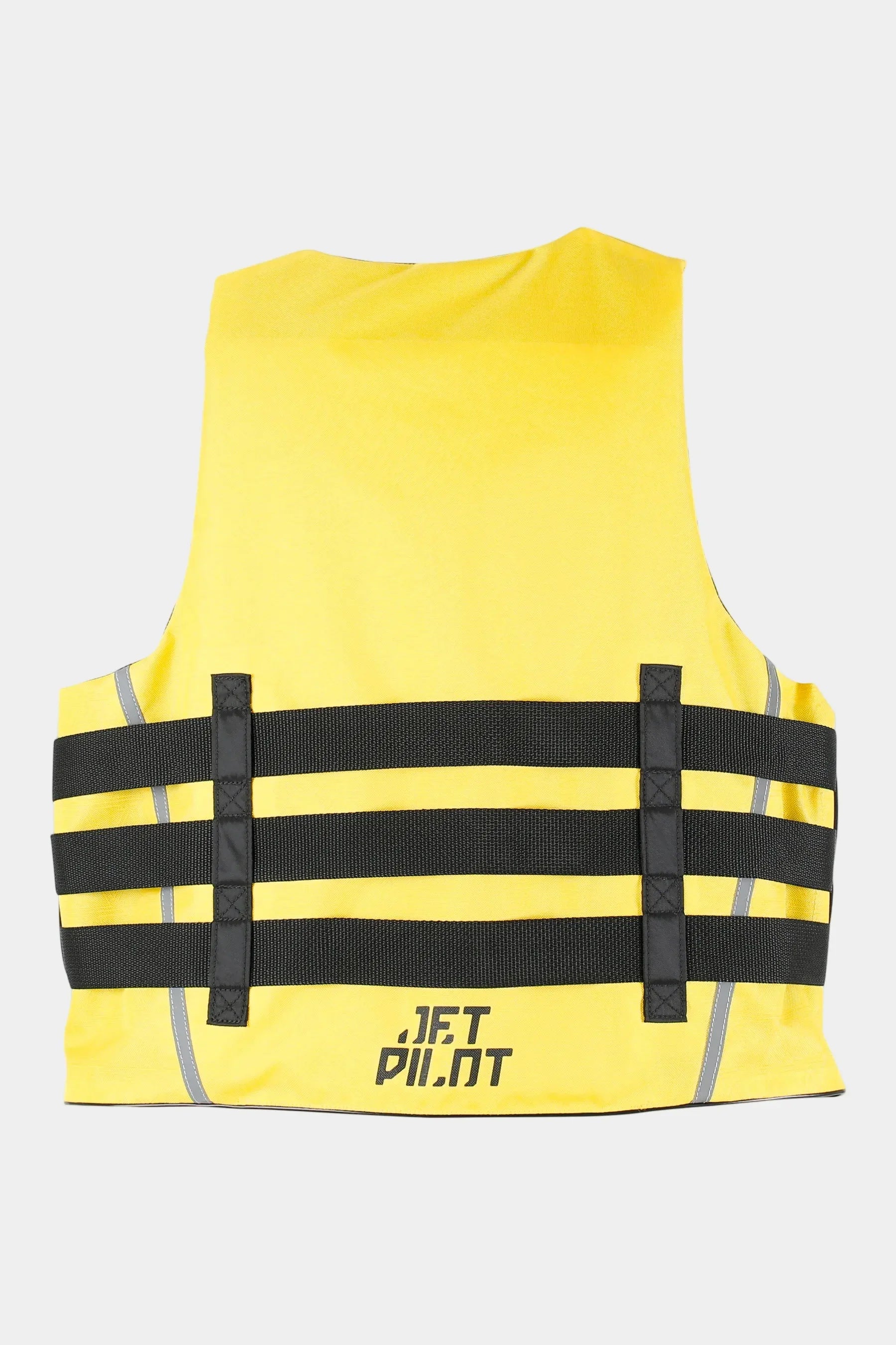 Yellow life vest with black straps on a white background