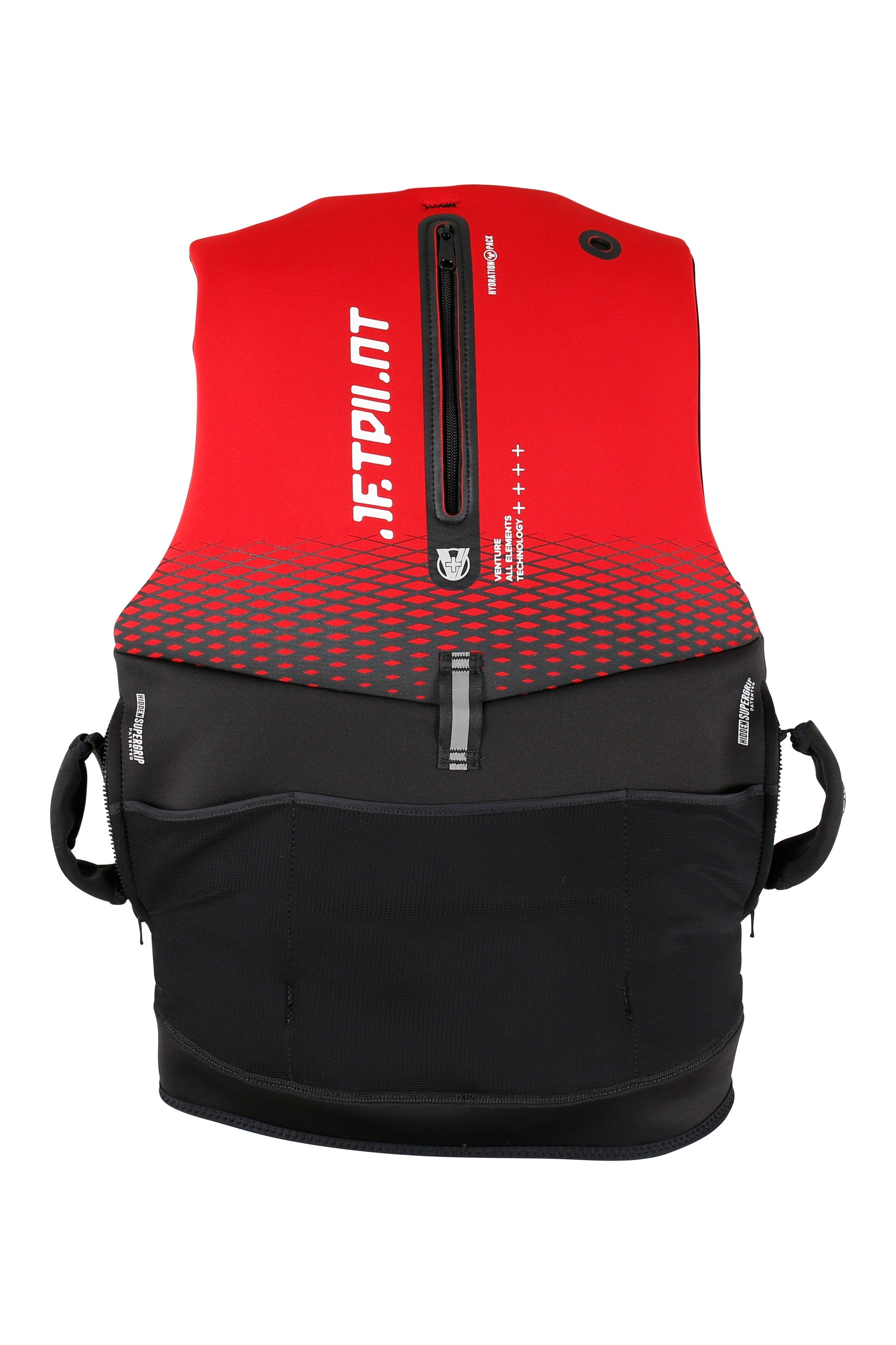 Red and black life jacket with visible branding on a white background