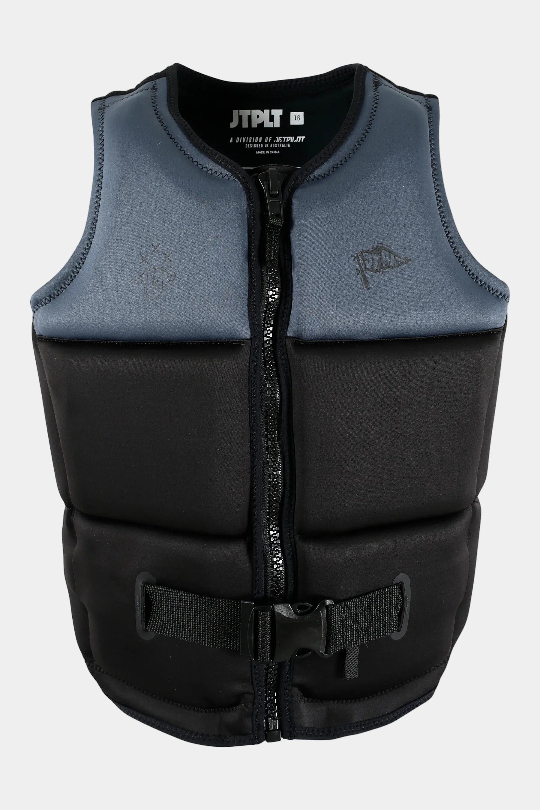 Black and gray life vest with JTPLT branding on a white background