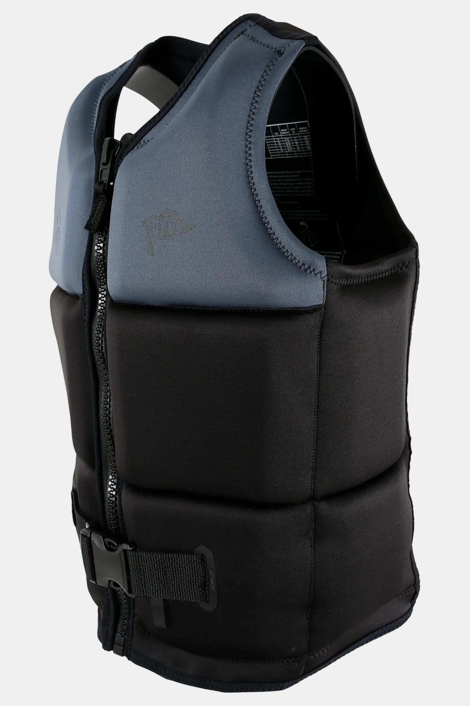 Black and gray life vest on a white background