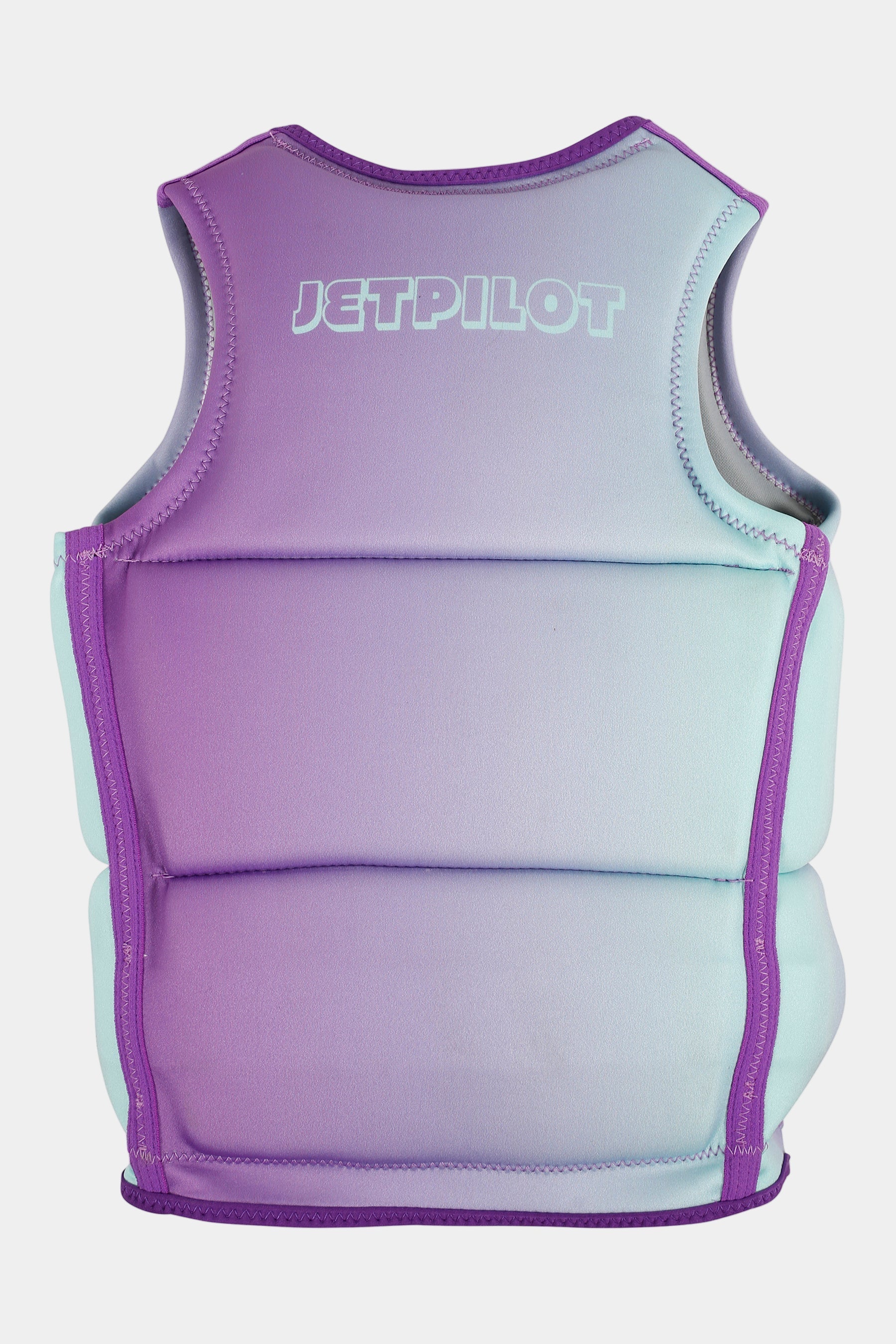 Jetpilot Freeride Girls Life Jacket - Multi - Back view - with Blue Jetpilot Branding on the upper neck. Gradient teal to purple colourway