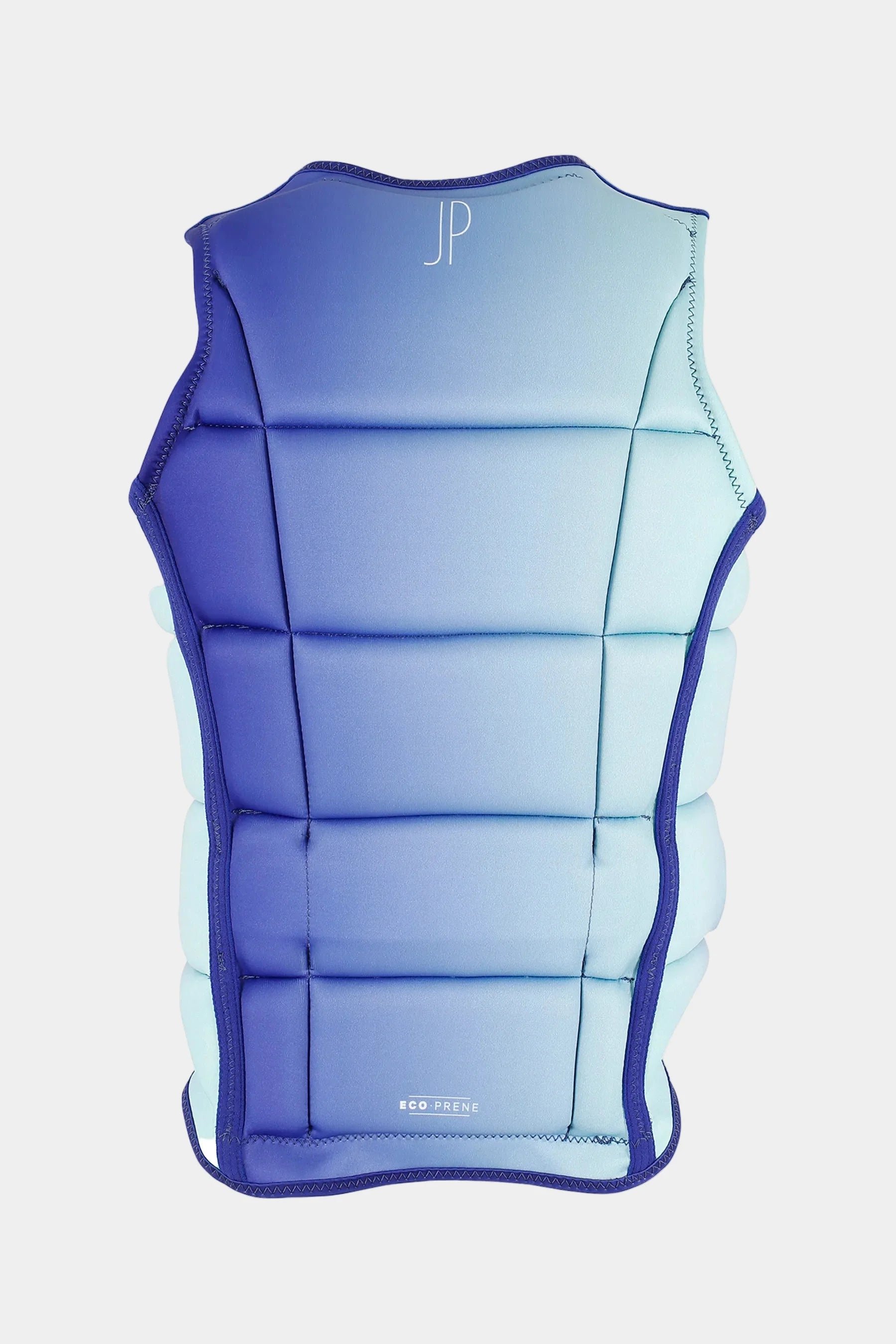 Blue and white life vest with 'JP' branding on a white background
