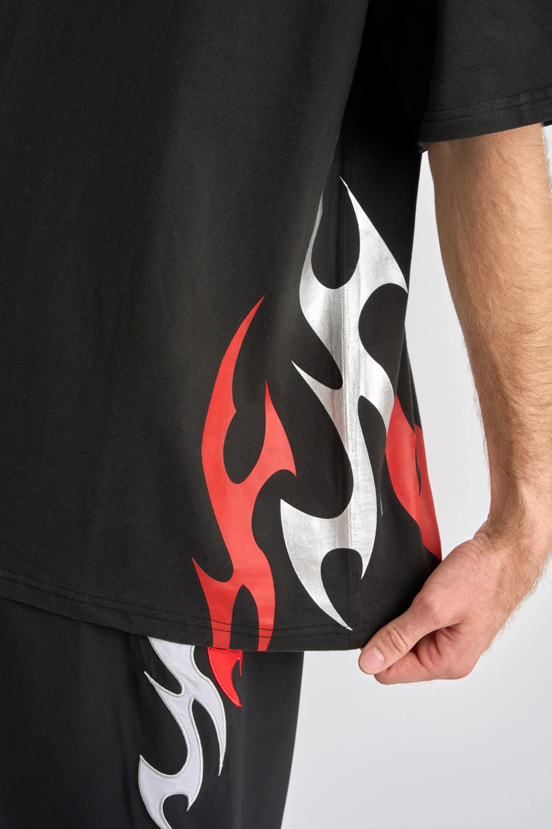 Jetpilot Tribal Heavy Tee - Black with red and metallic grey flame design on a plain background
