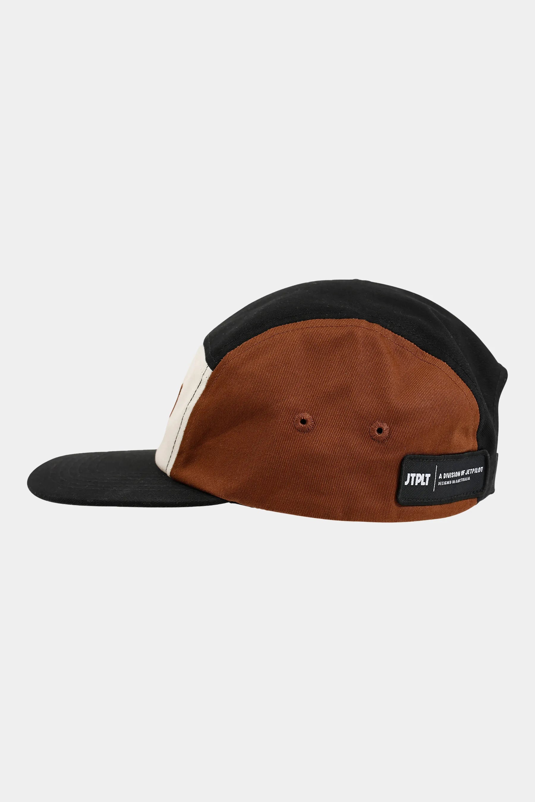 Two-tone cap with brown front and black back on a white background