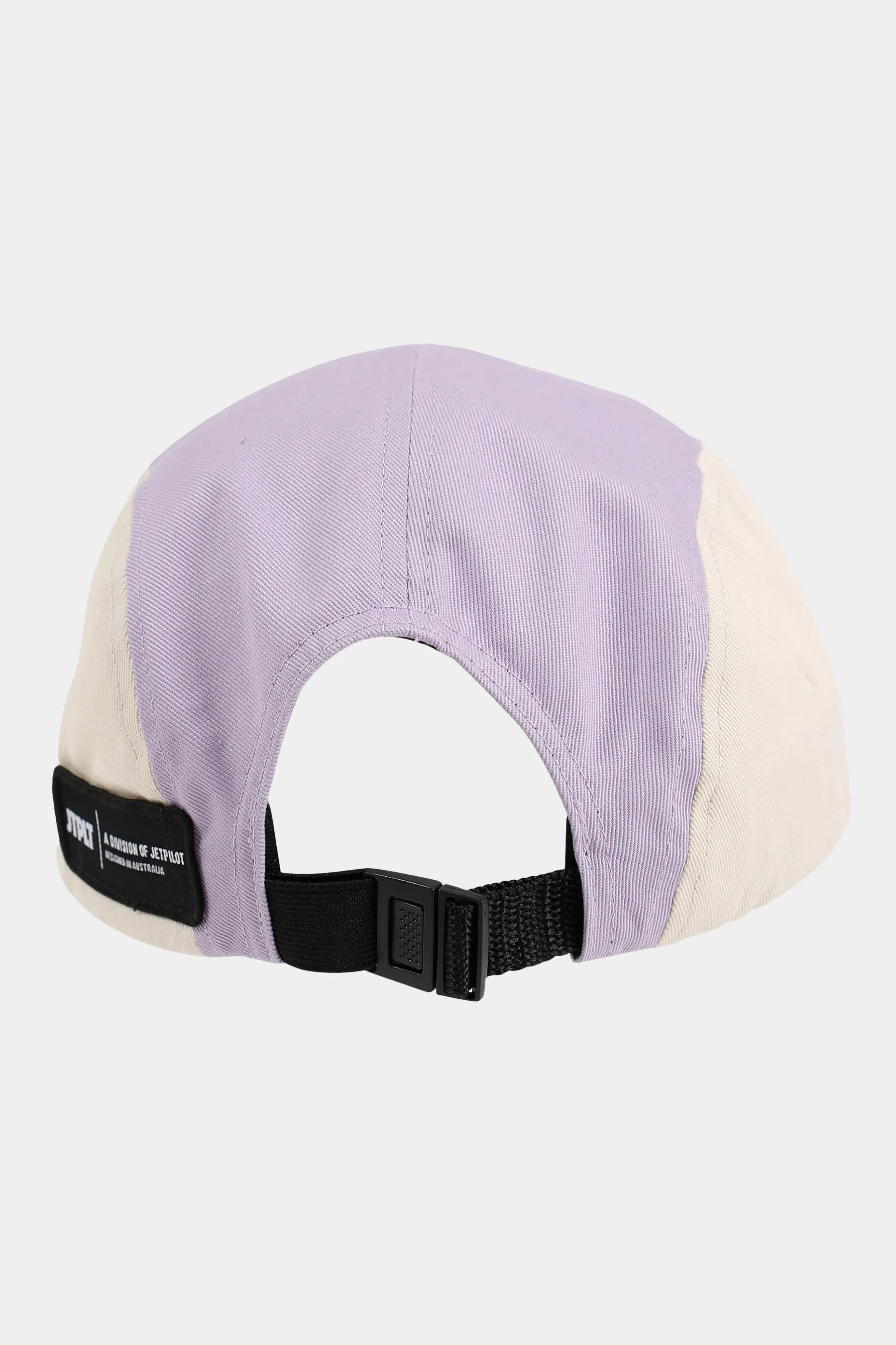 Purple and beige cap with a black strap on a white background