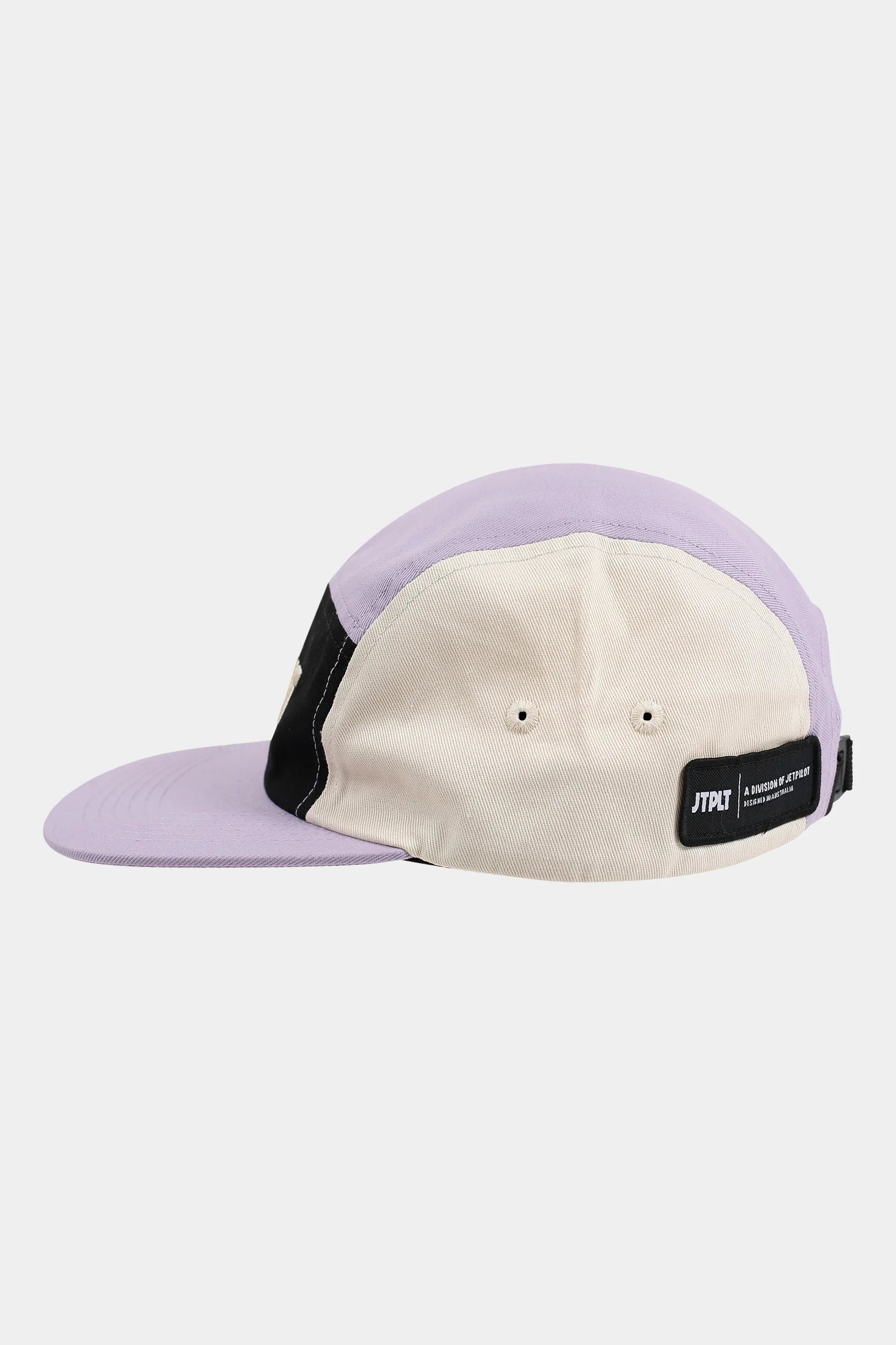 Jetpilot Move 5 Panel Cap - Lavender Side Profile. Colour Block panel hat, Lavender, Black and Cement.
