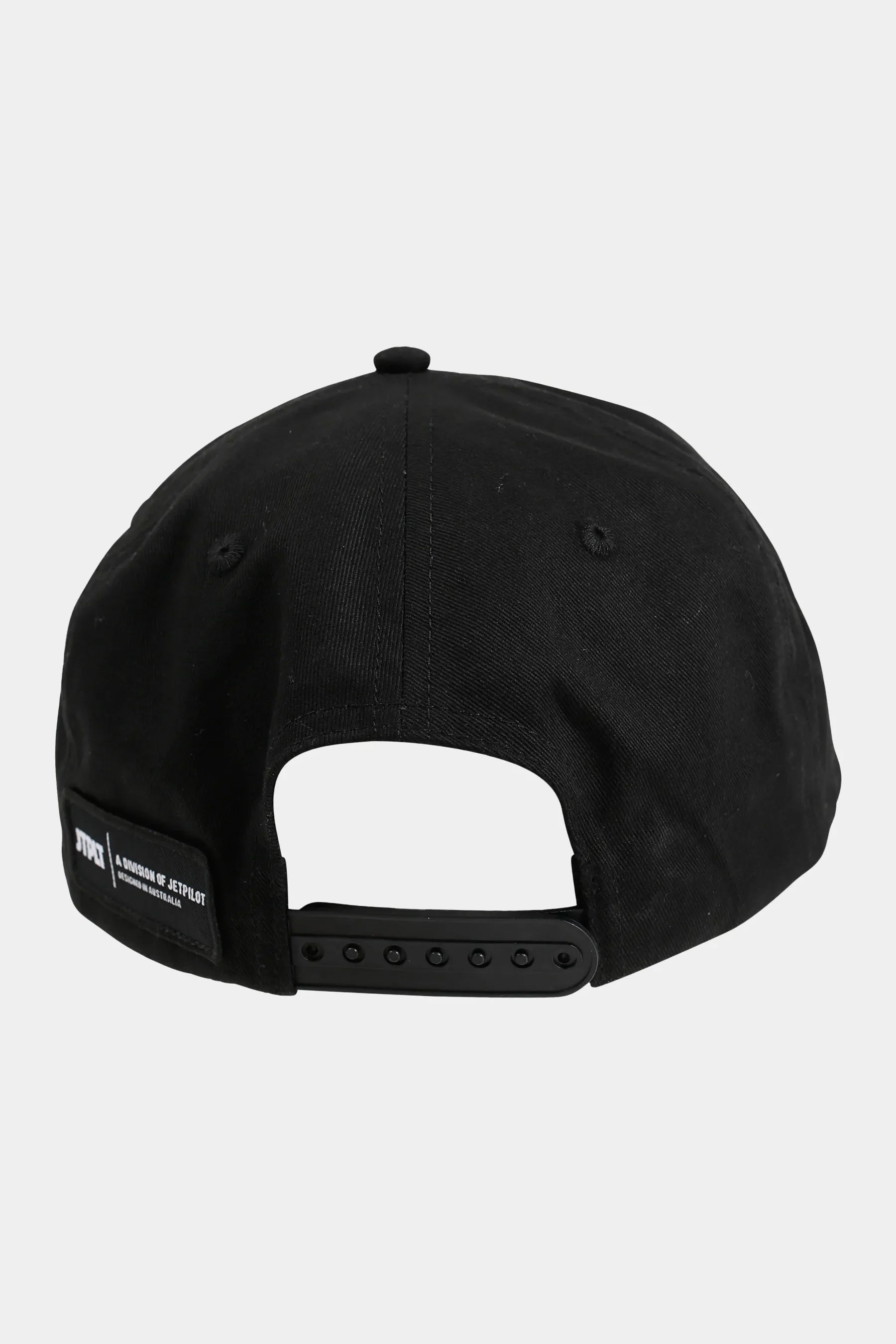 Black cap with a brand logo on the back against a white background