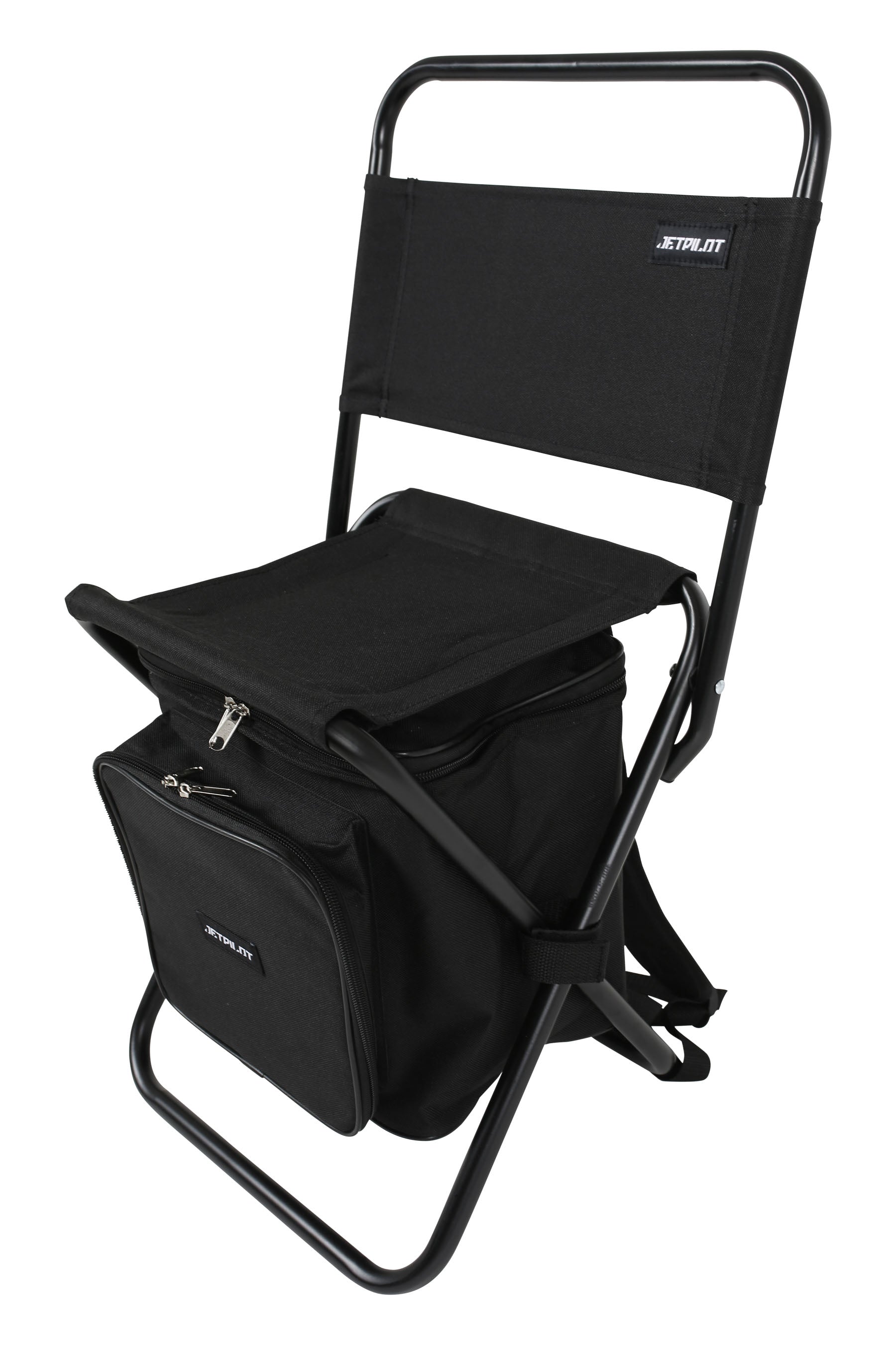 Black folding chair - Jetpilot Back Rest Chilled Seat Bag - Black with attached cooler bag on a white background