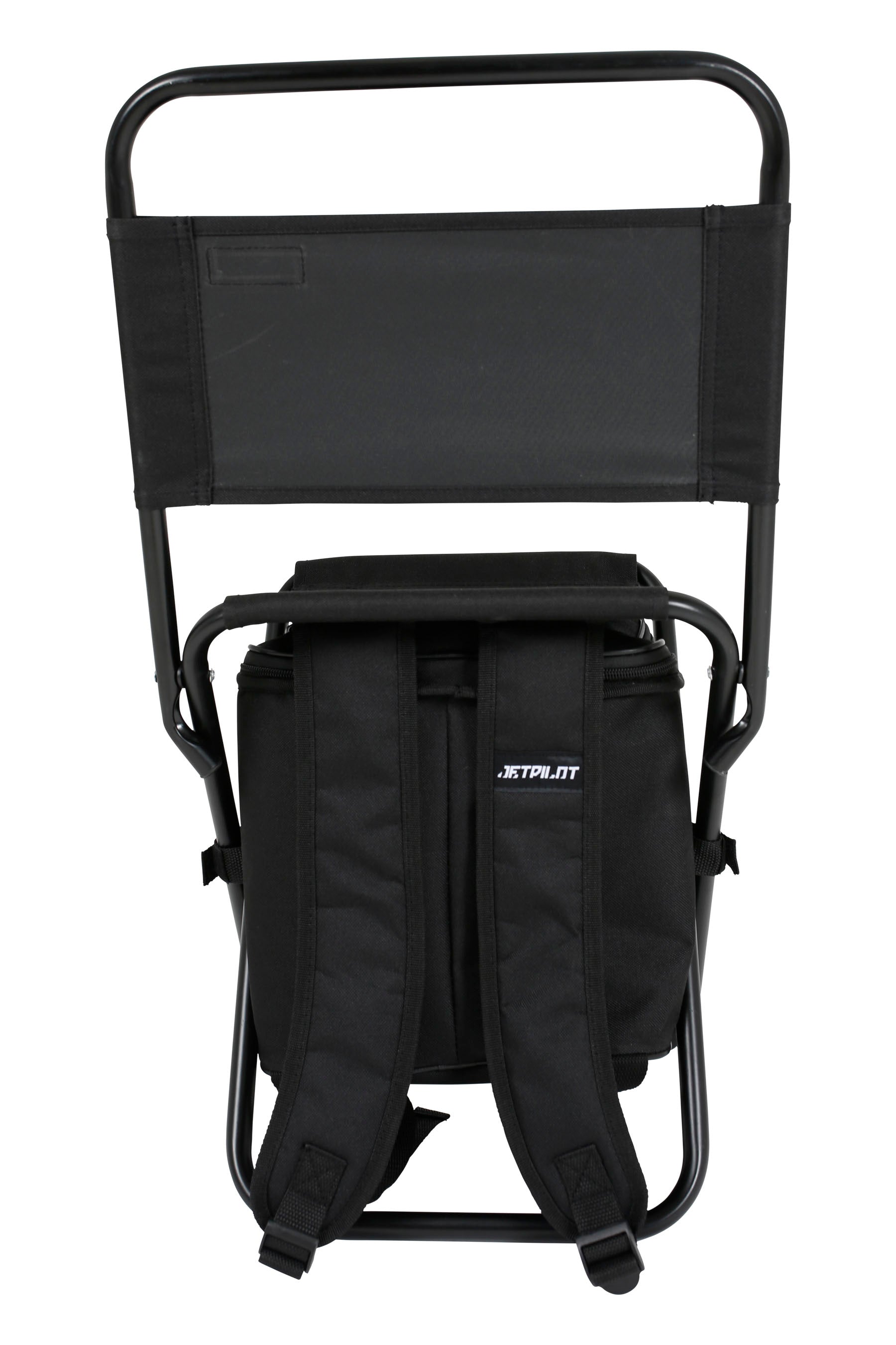 Black folding chair with backpack attachment on a white background