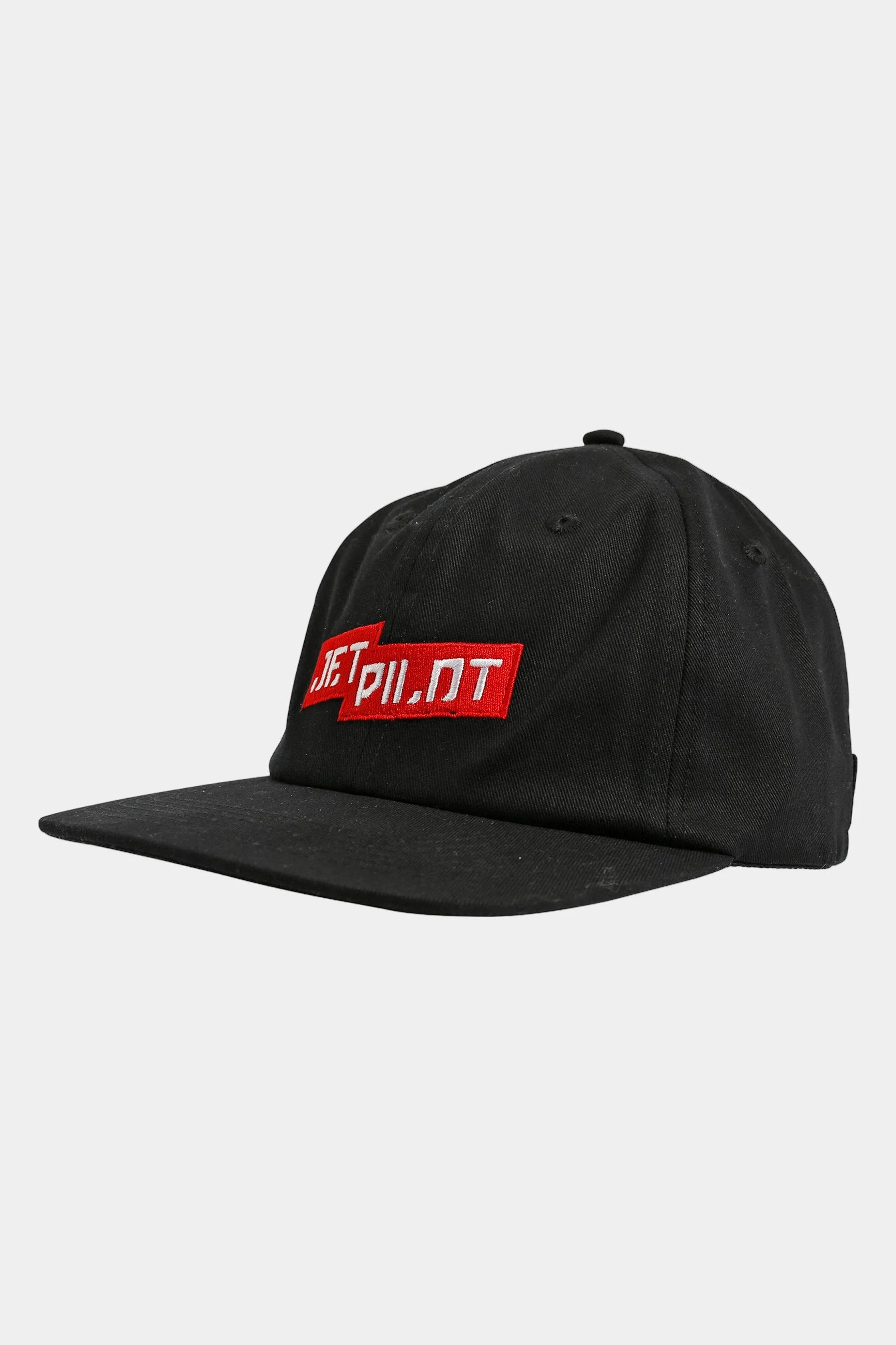 Black cap with a red and white logo on a white background