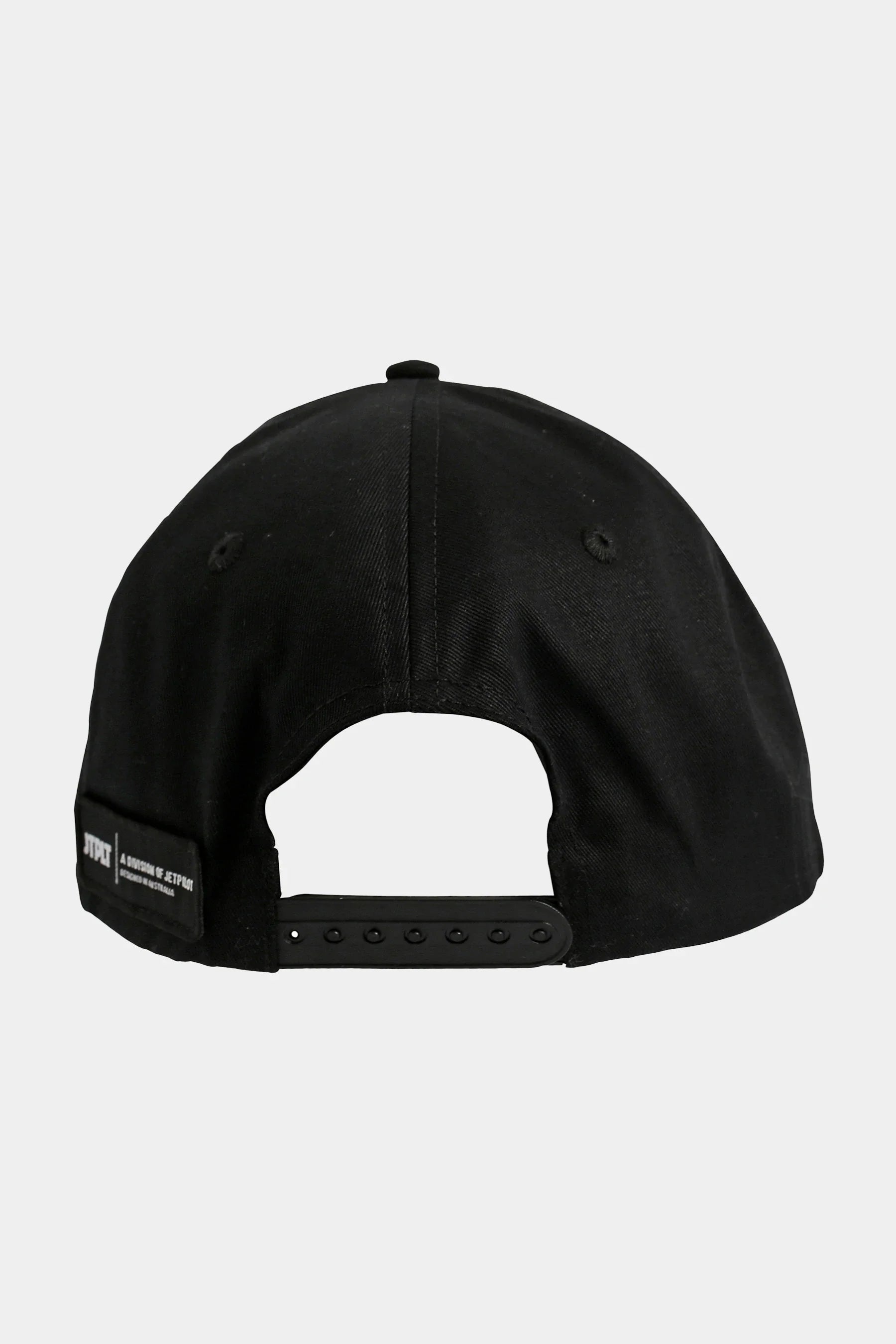 Black cap with a brand label on the back against a white background