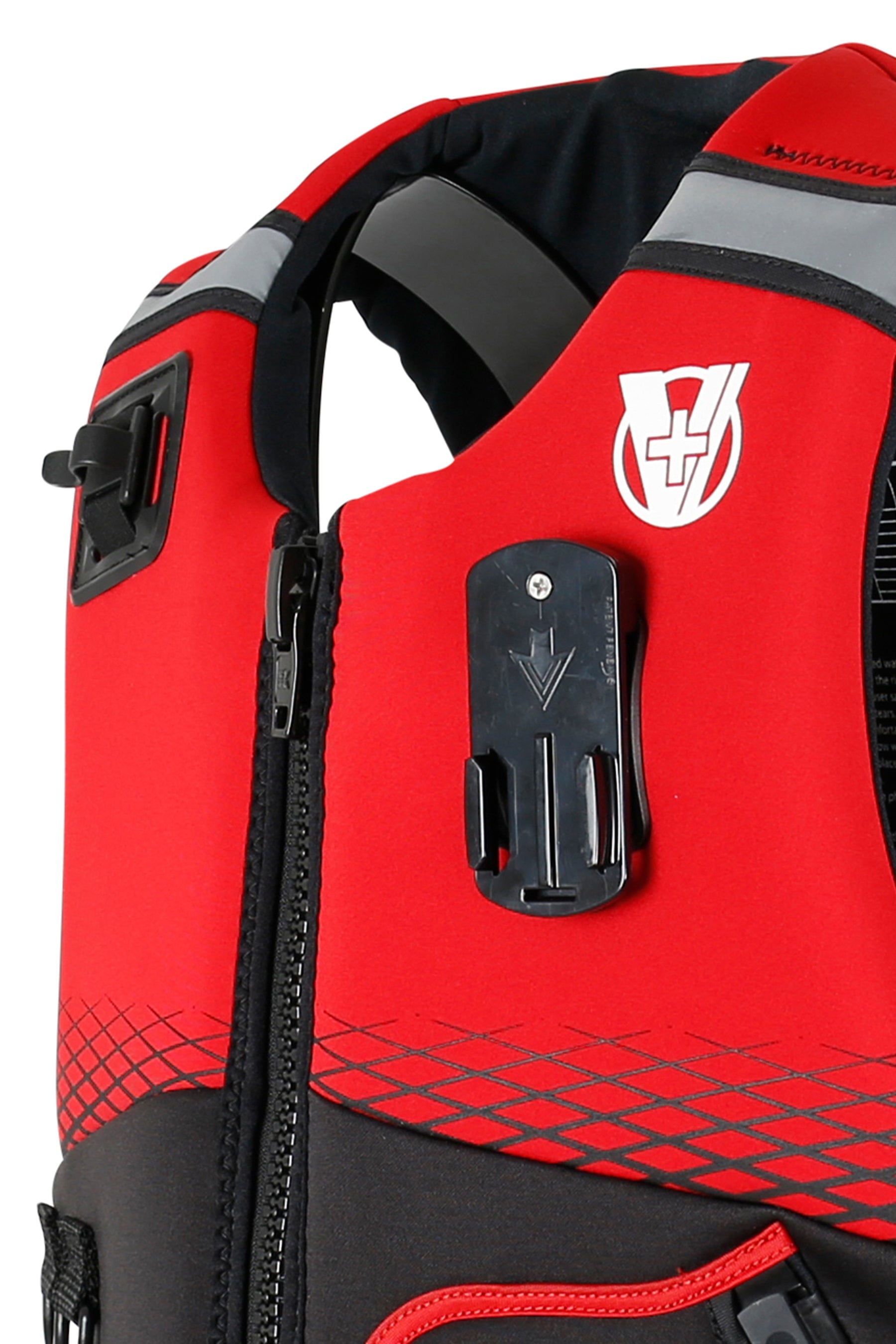 Red and black life jacket with a visible brand logo and gopro clip on a white background