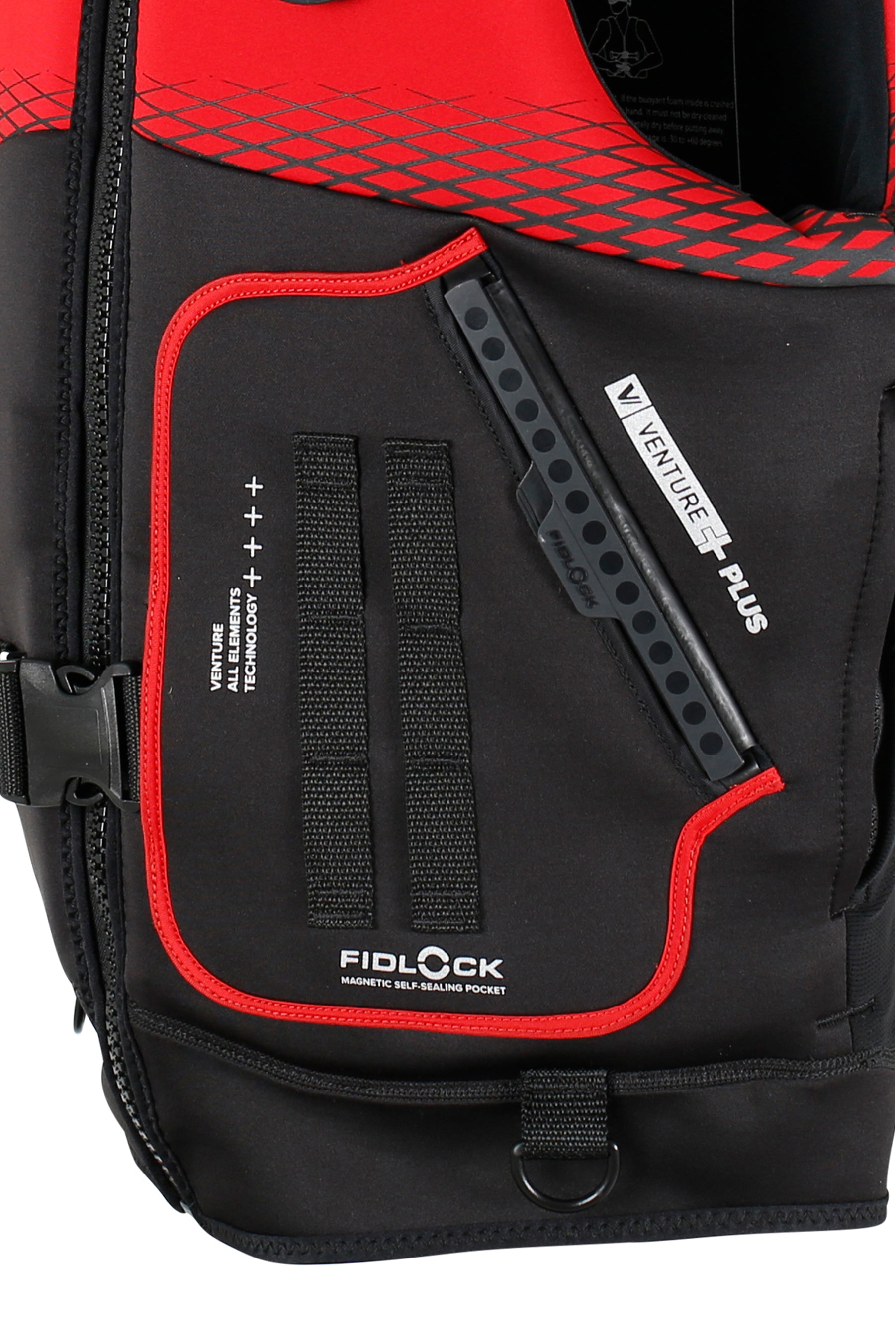 Black and red life jacket with Fidlock waterproof pocket and branding on a white background