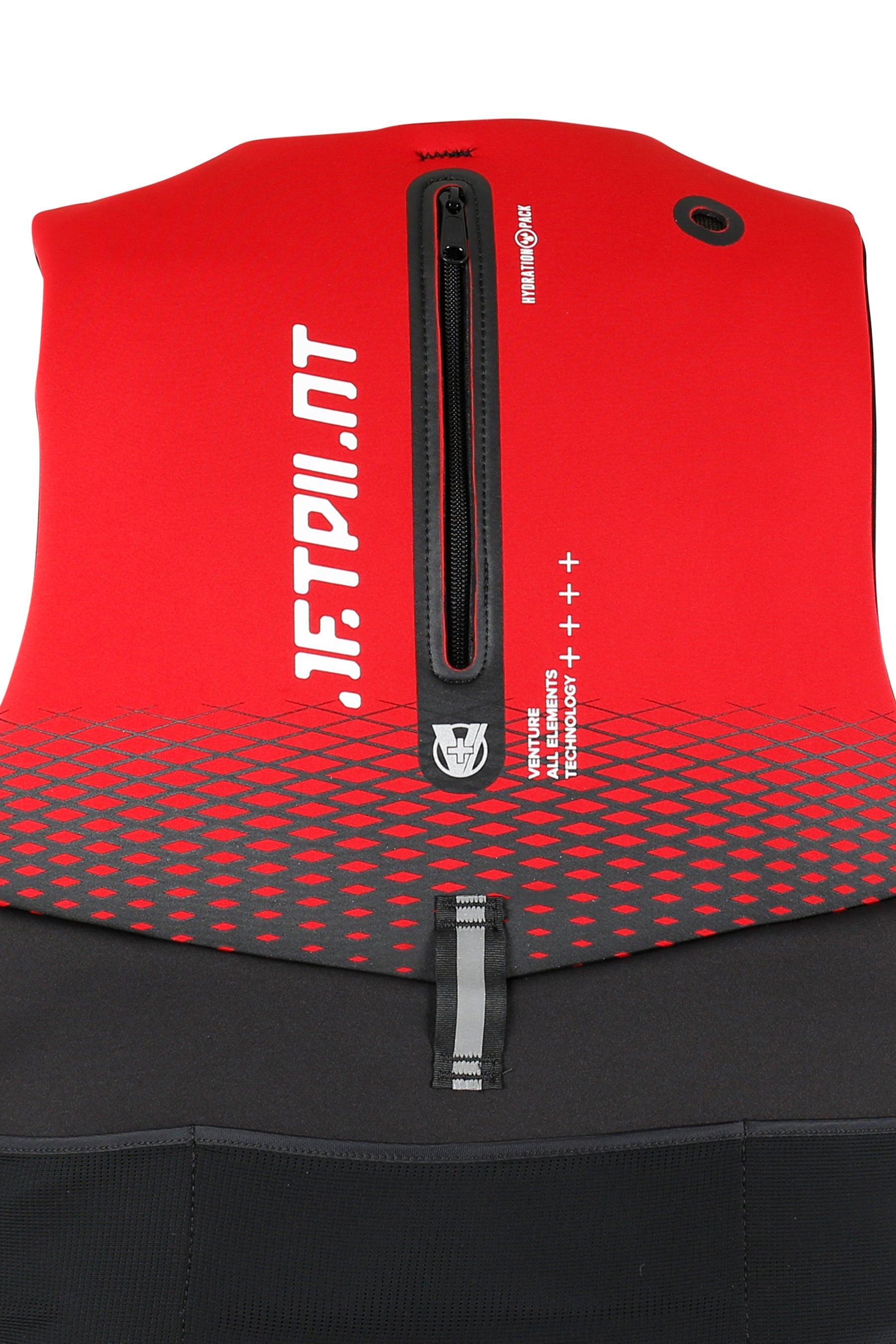 Red and black life jacket with 'JETPILOT' branding on a white background