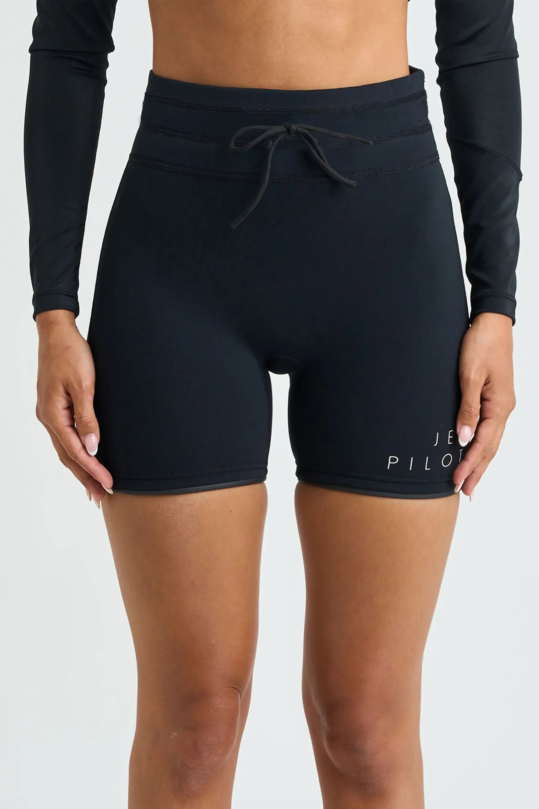 Black Jetpilot Corp 7" High Waisted Neoprene Short - Black with a brand "Jetpilot" logo on a plain background