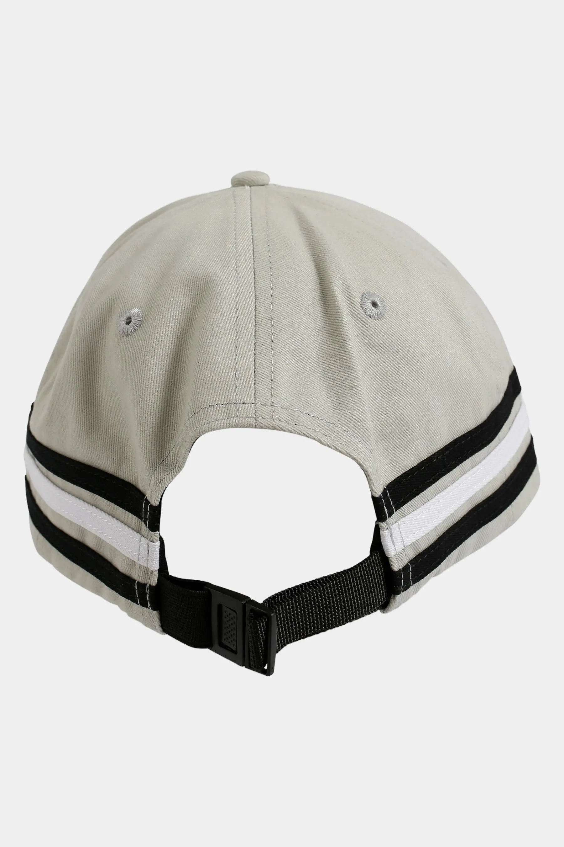 Back of Beige cap with black and white strap on a light gray background