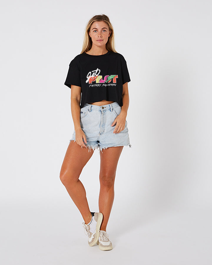 Jetpilot Squadron Ladies Crop Tee - Black Lifestyle 2