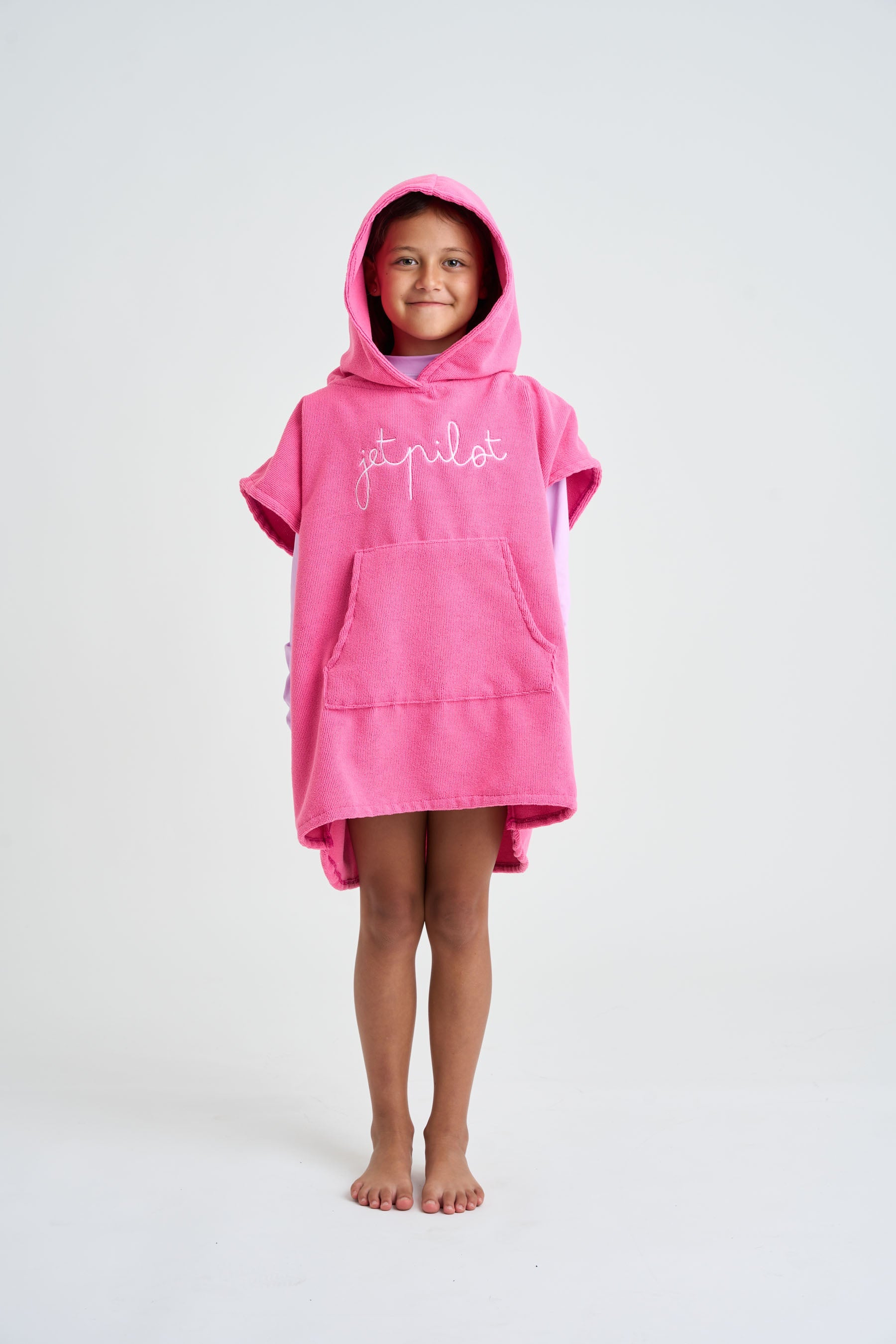 Pink Jetpilot Kids Hooded Towel - On Body Front and Hood On
