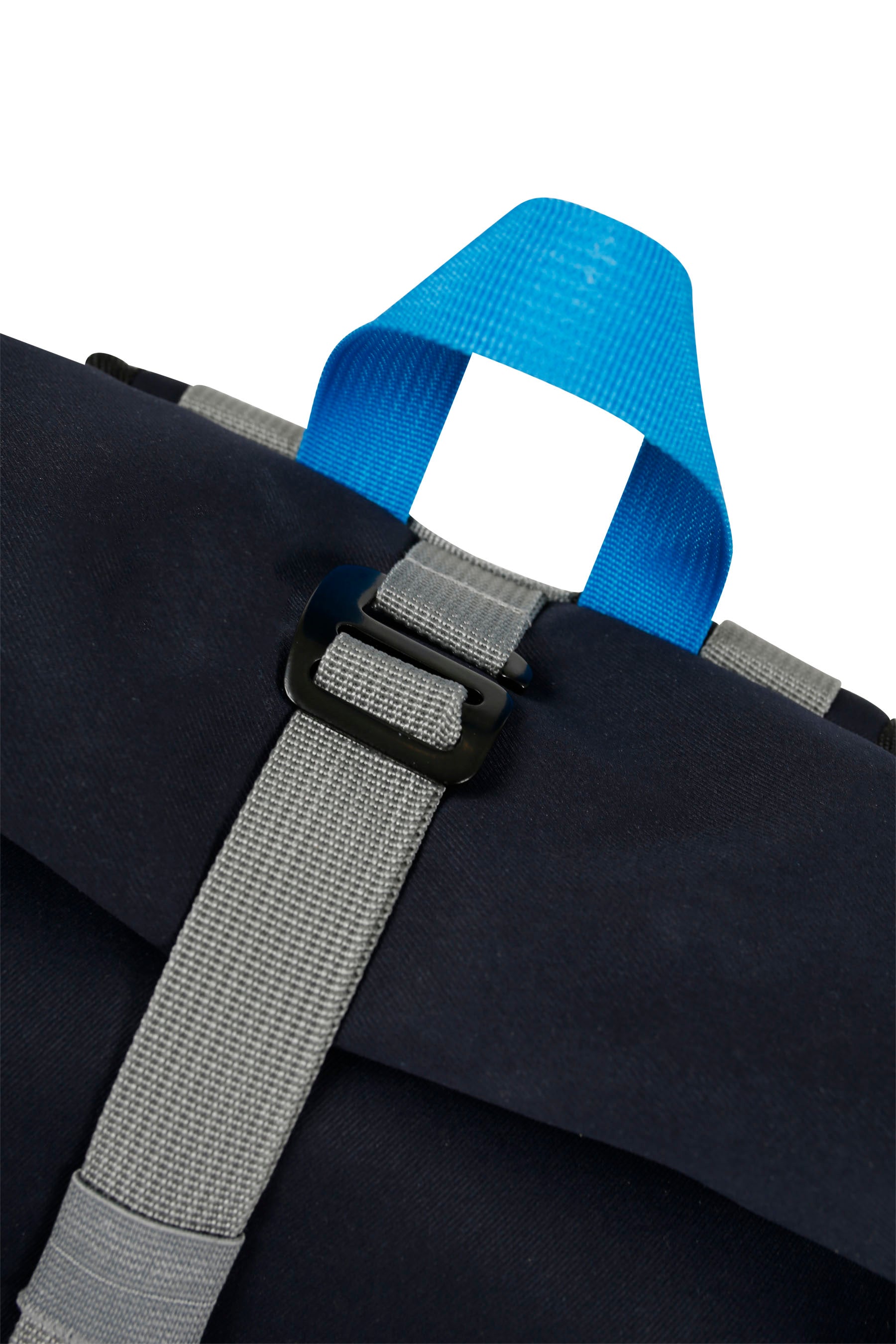 Close-up of a black bag with blue and gray straps on a white background