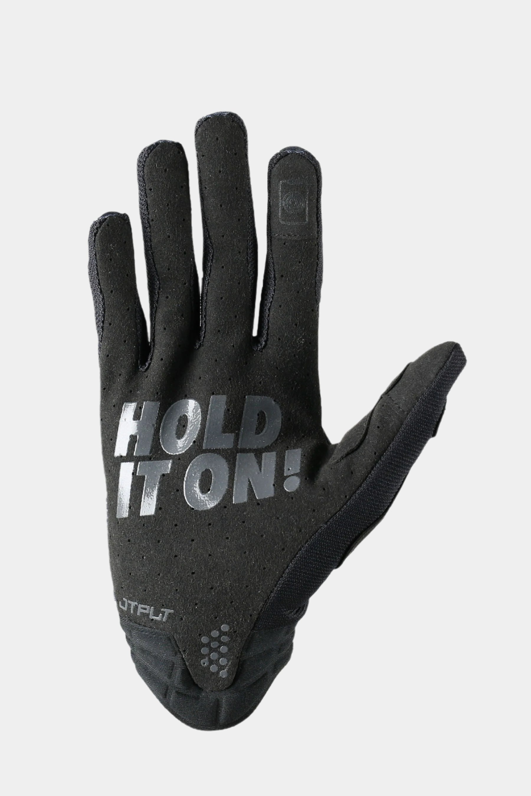 Black glove with 'Hold It On!' text on a white background