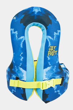 Blue and black patterned Jetpilot Paddle Pal Splash Swim Vest - Blue with yellow green strap and buckle and 'Jetpilot' branding on a white background