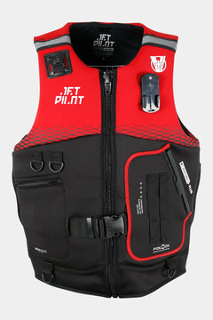 Red and black life vest with visible branding on a white background