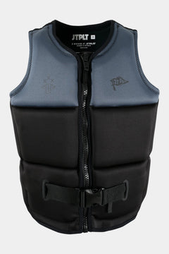 Black and gray life vest with JTPLT branding on a white background