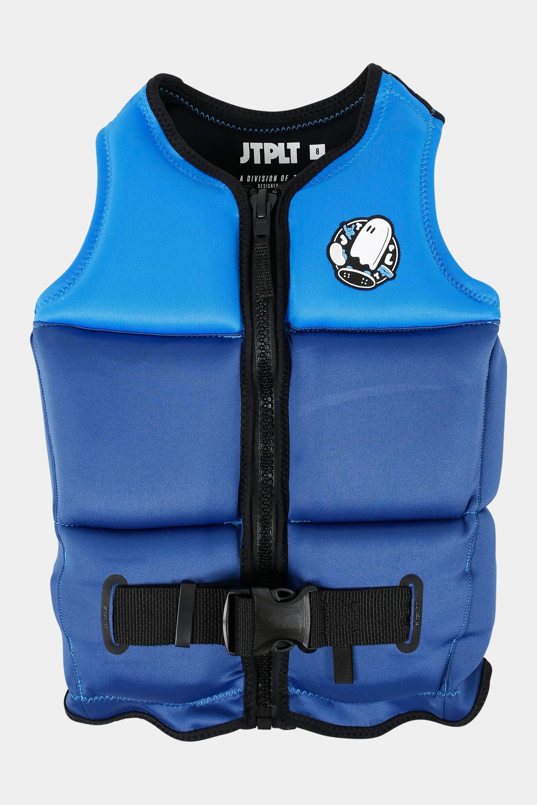 Jetpilot Freeride Boys Life Jacket - Blue with black straps, white character icon patch on a white background