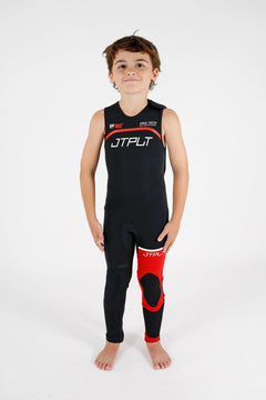 Child wearing a Jetpilot Vault Youth Race John - Black/Red on a white background