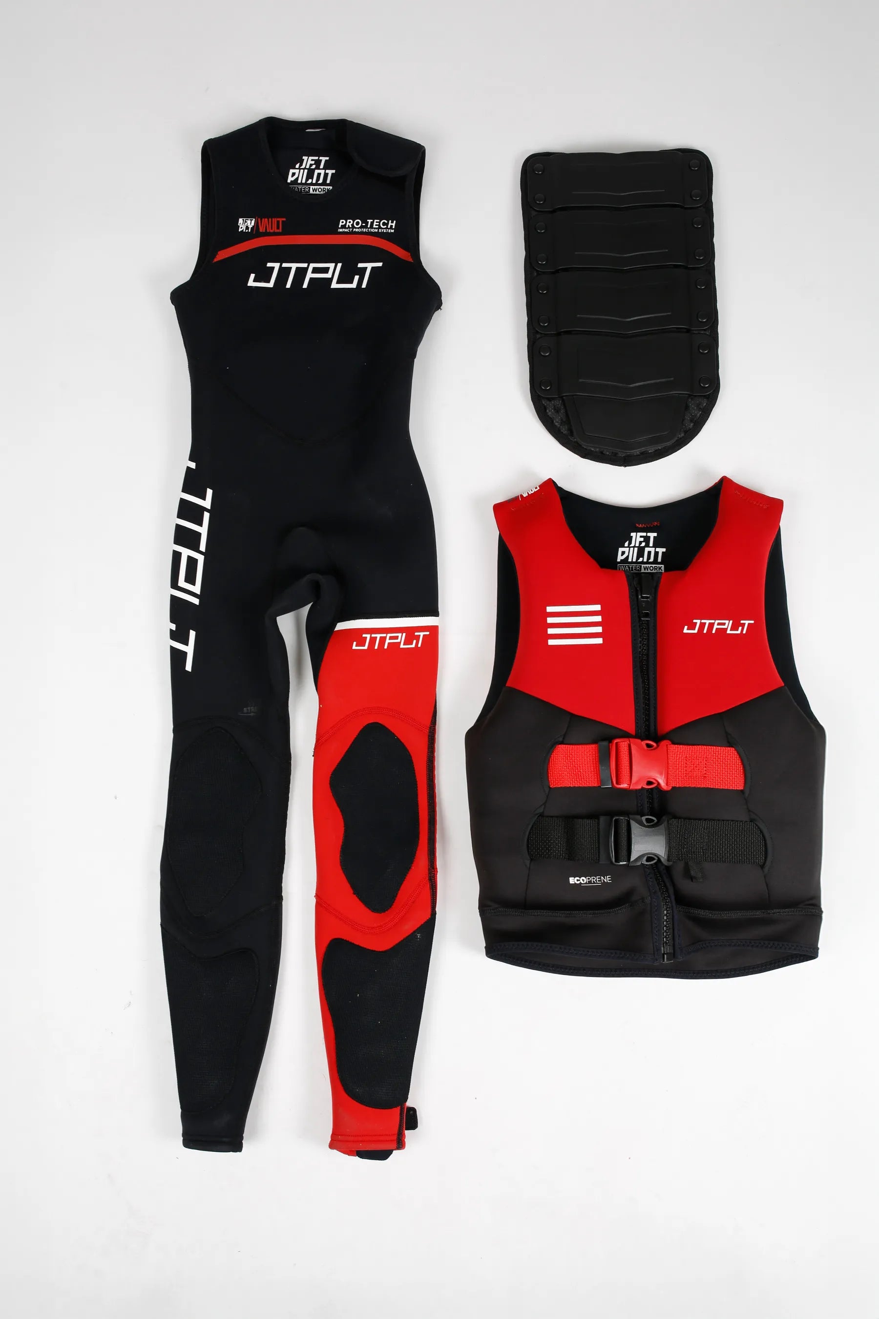 Black and red JTPLT protective gear set on a white background