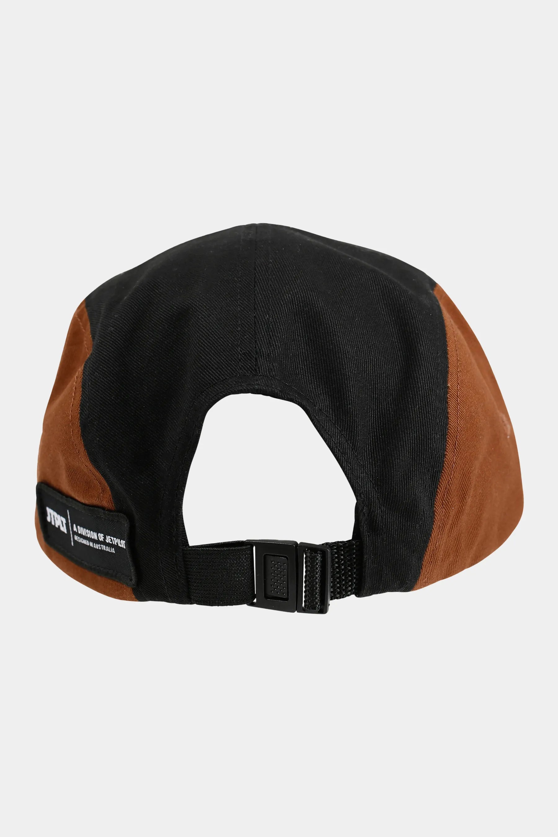 Black and brown cap with a visible brand label on a white background