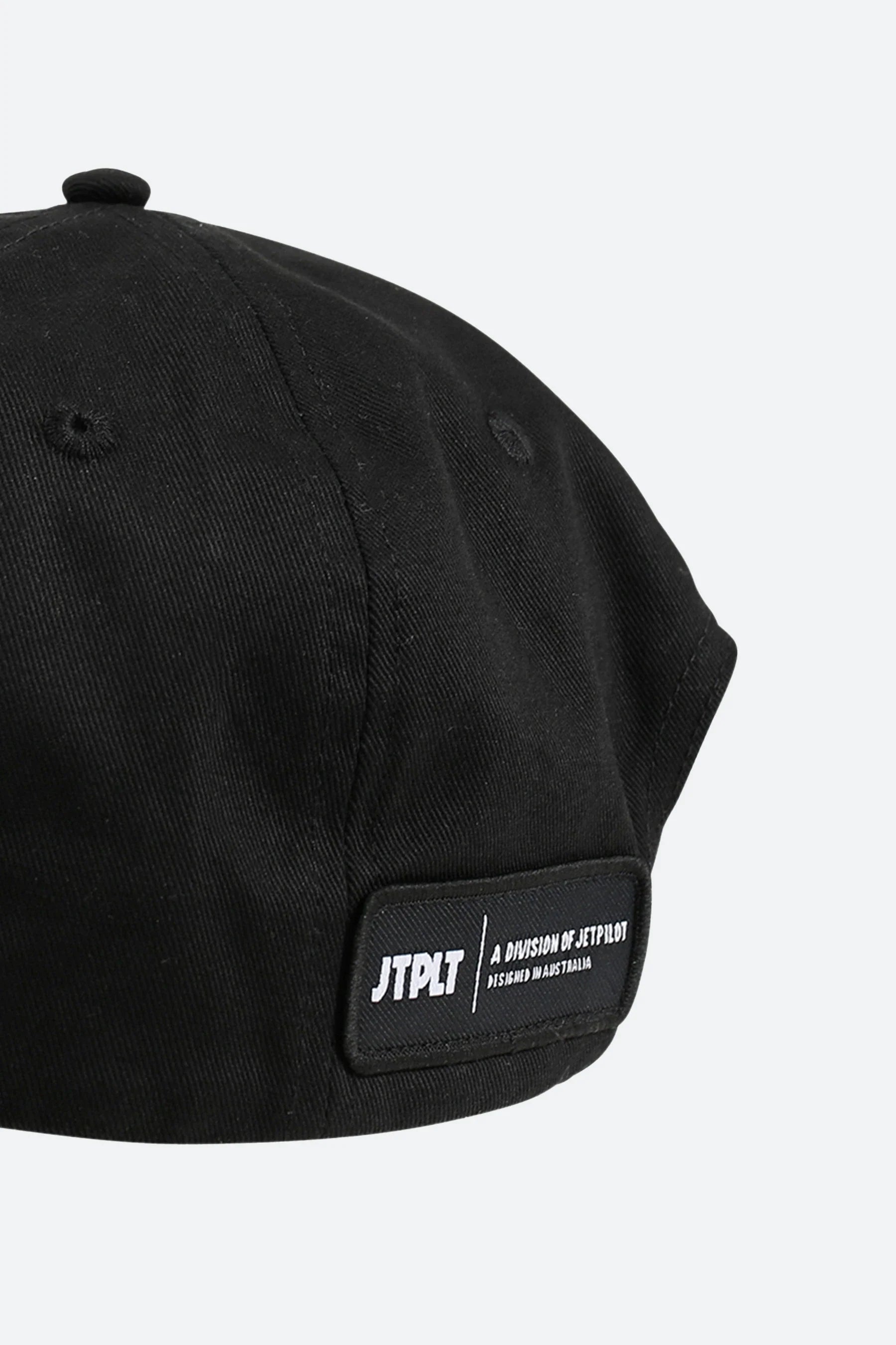 Black cap with a visible brand logo on a white background