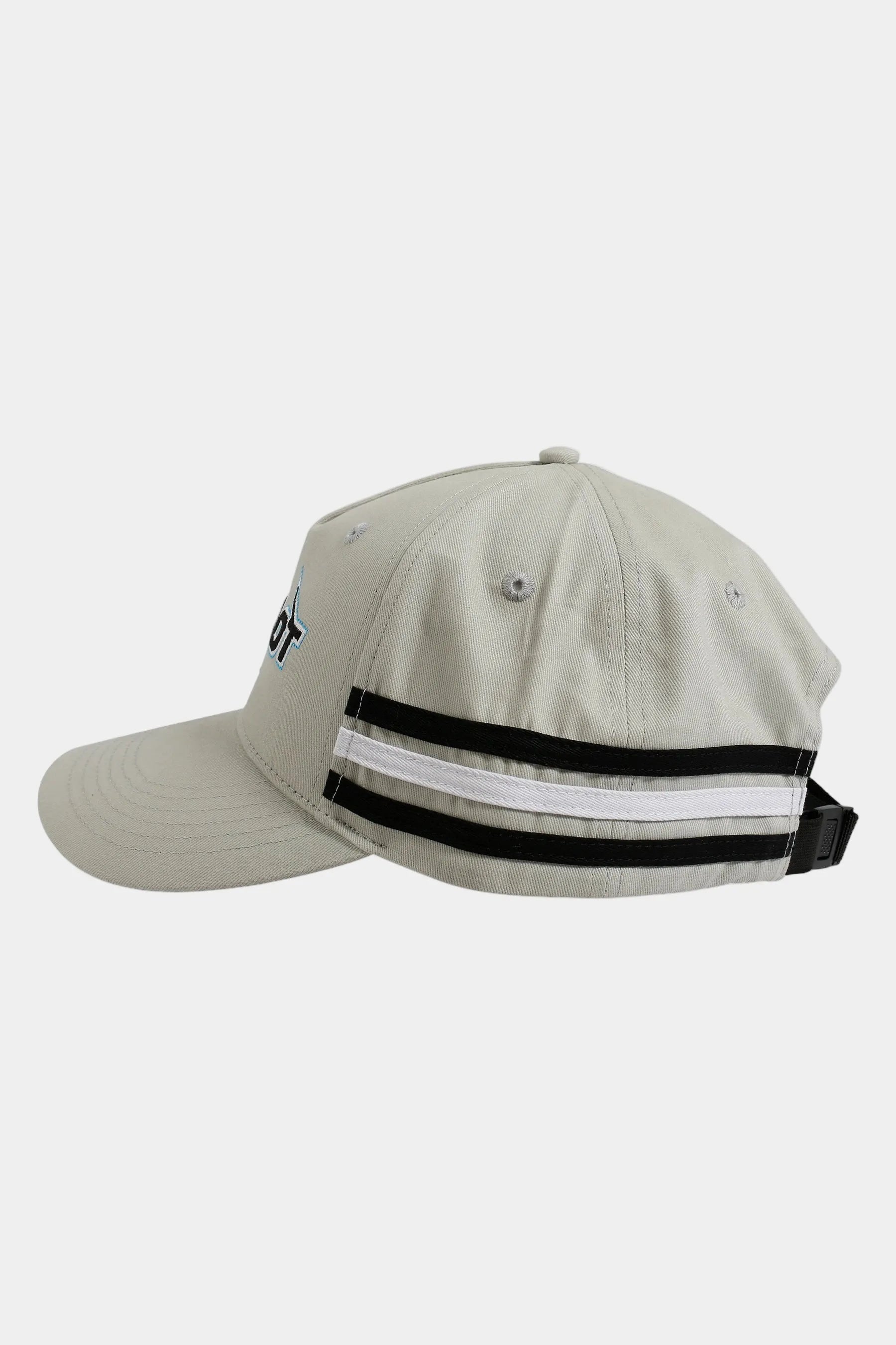 Beige cap with black and white striped band on a white background